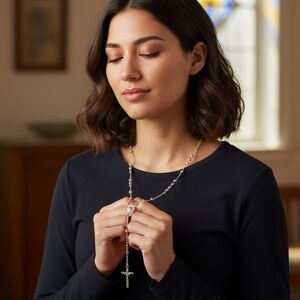 Yellow-Gold Beaded Rosary Cross Necklace